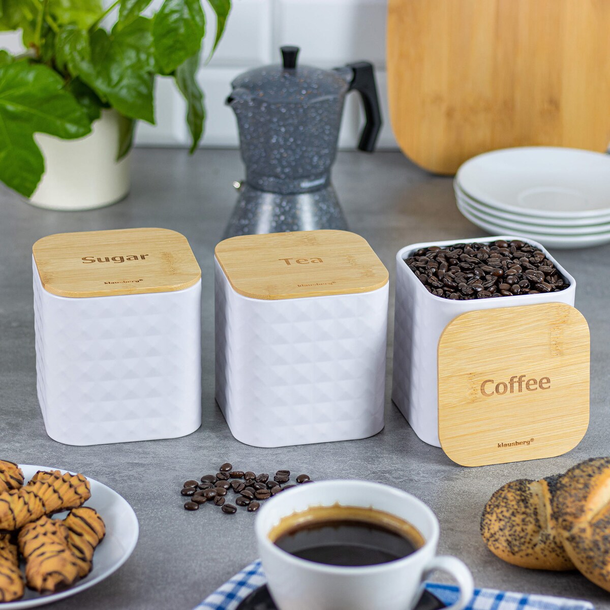 Zestaw 3 pojemników kawa herbata cukier biały KLAUSBERG