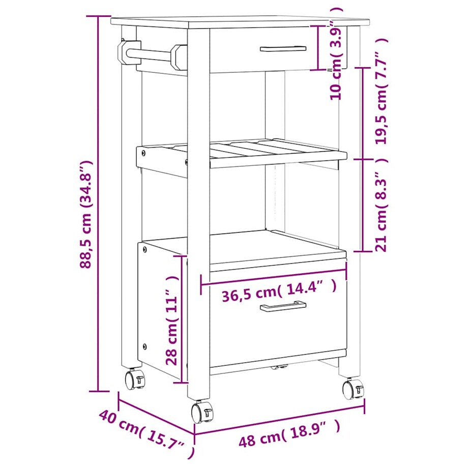 vidaXL Wózek kuchenny, MONZA, 48x40x88,5 cm, lite drewno sosnowe