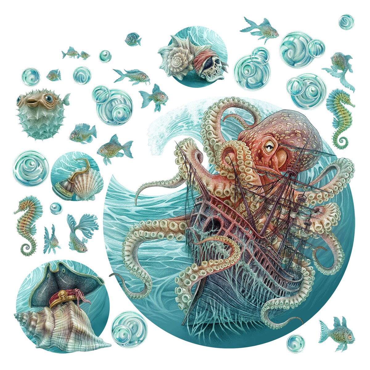 Zestaw naklejek na ścianę, Świat ośmiornicy, 80cm