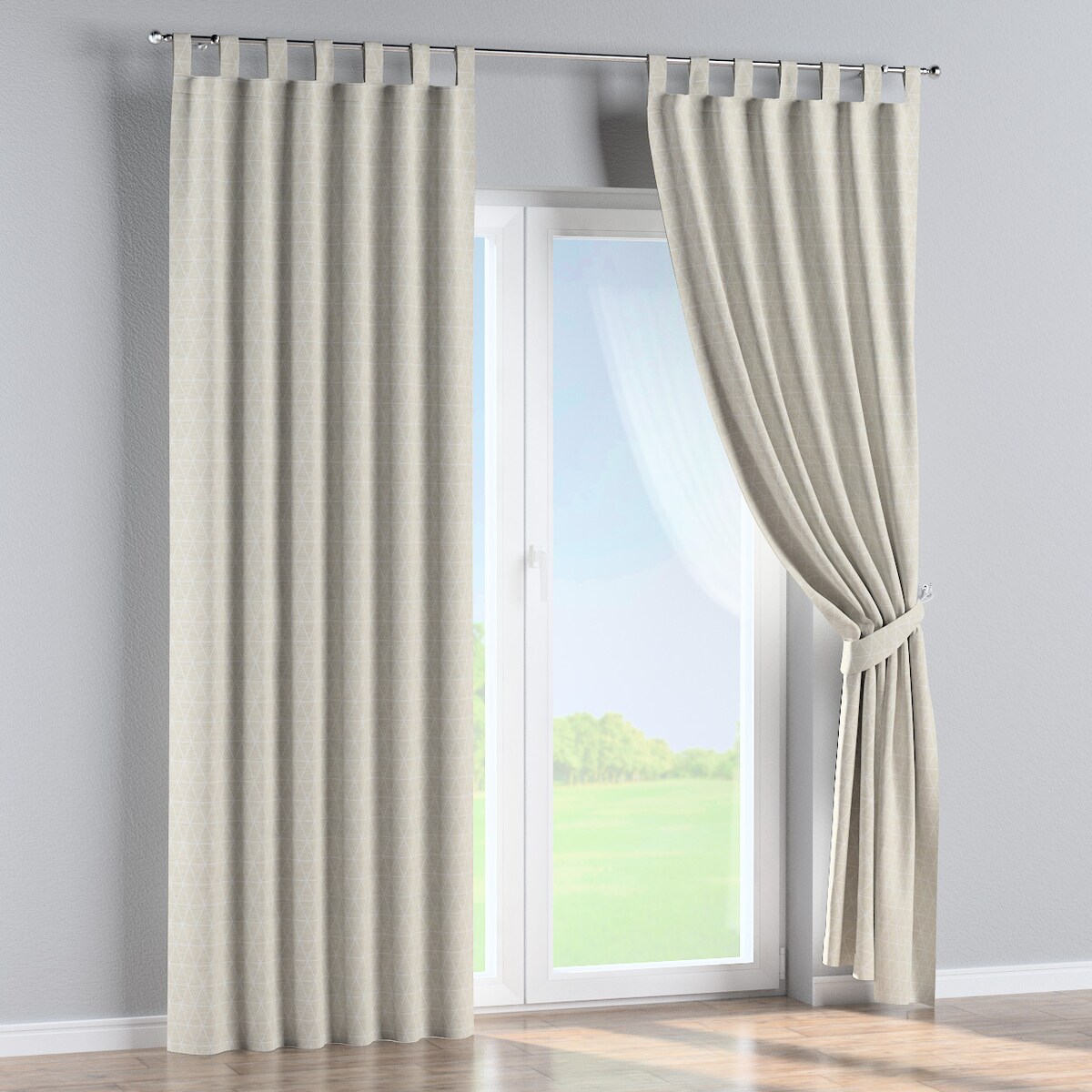 Zasłona na szelkach 1 szt. 130x245 trójkąty na beżowo-lnianym tle