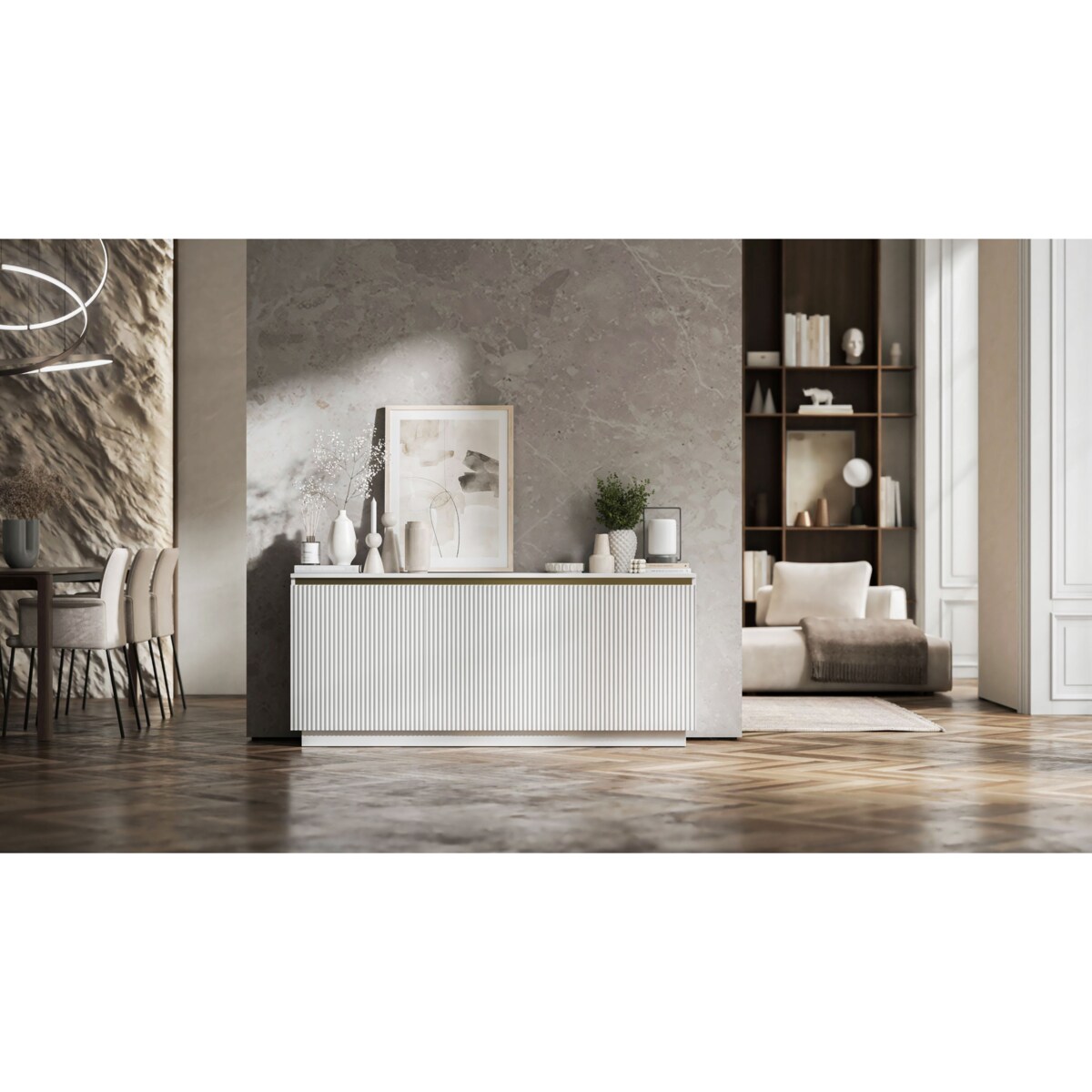 Komoda Glamour Nowoczesna Szafka RTV Biały MAT ryflowane fronty 166,8 cm