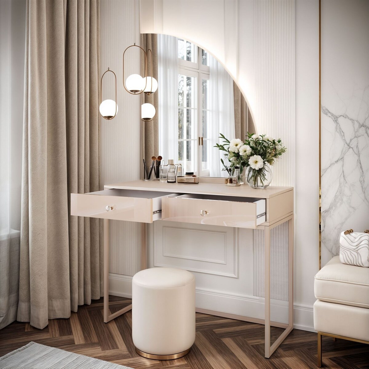 Toaletka kosmetyczna QUINNIE KASZMIR z lustrem LED, złoty chrom, prawa, uchwyt biały kryształ