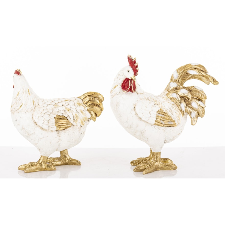 Dekoracja - kolorowa KOGUT i KURA 26x20x10,5 i 22x20x10 cm PLOMFEE biało-złota para