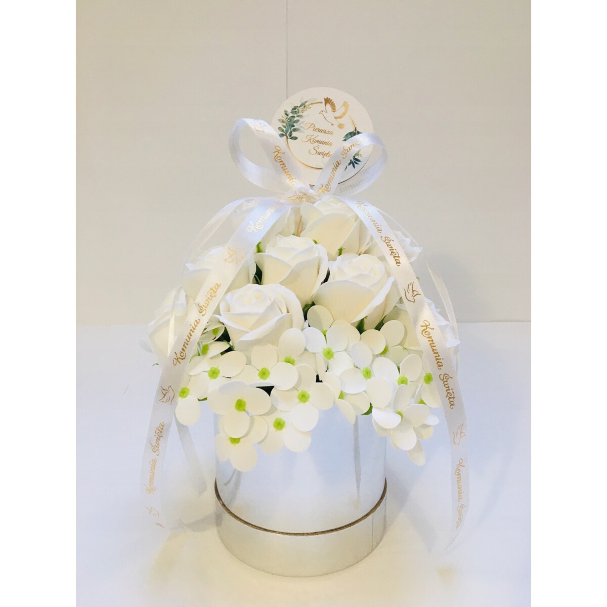 RÓŻE mydlane BIAŁE w srebrnym pudełku na I KOMUNIA ŚWIĘTA prezent pamiątka