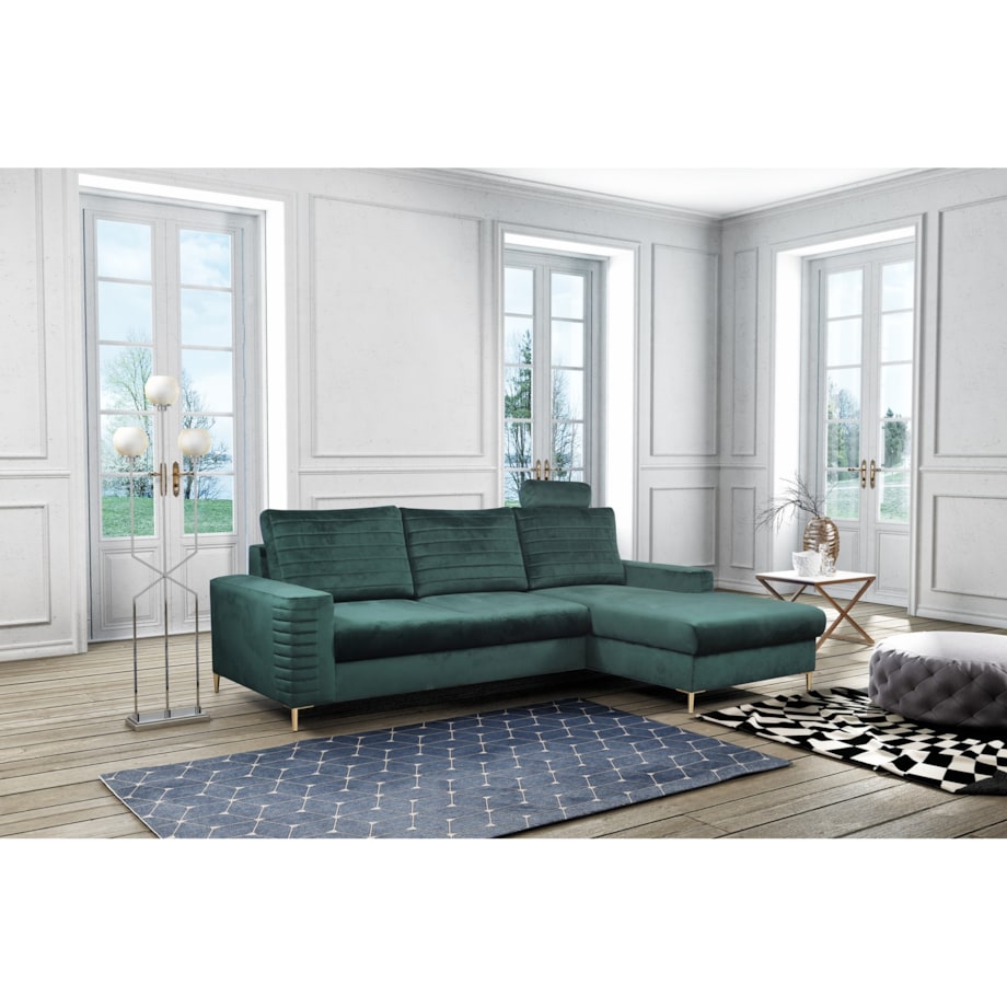 Narożnik rozkładany z zagłówkiem i pojemnikiem OLI, prawostronny, zielony