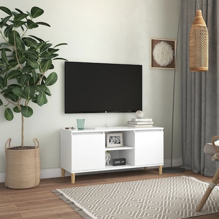 vidaXL Szafka TV z drewnianymi nóżkami, biała, 103,5x35x50 cm