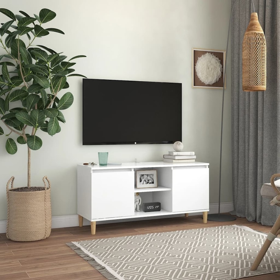 vidaXL Szafka TV z drewnianymi nóżkami, biała, 103,5x35x50 cm
