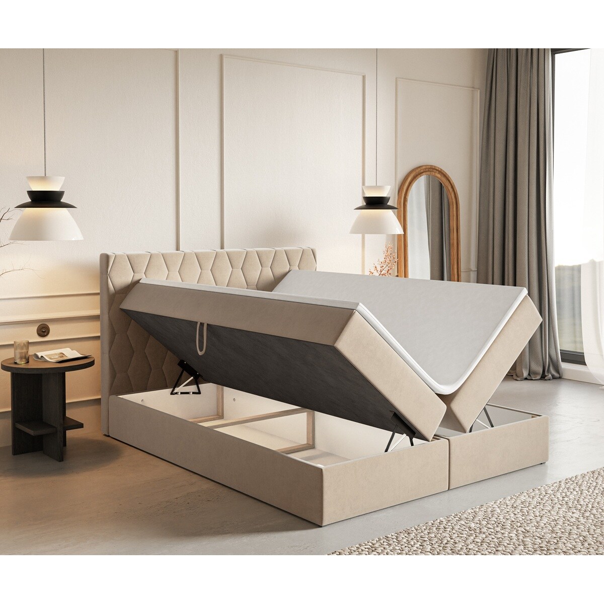 Łóżko kontynentalne G2 do sypialni 180x200 z pojemnikiem i materacem-beżowe