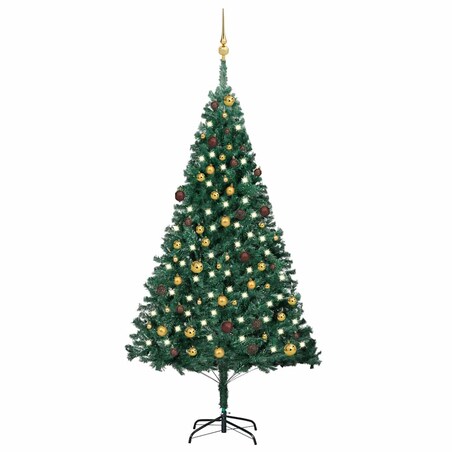 vidaXL Sztuczna choinka z lampkami i bombkami, zielona, 210 cm, PVC
