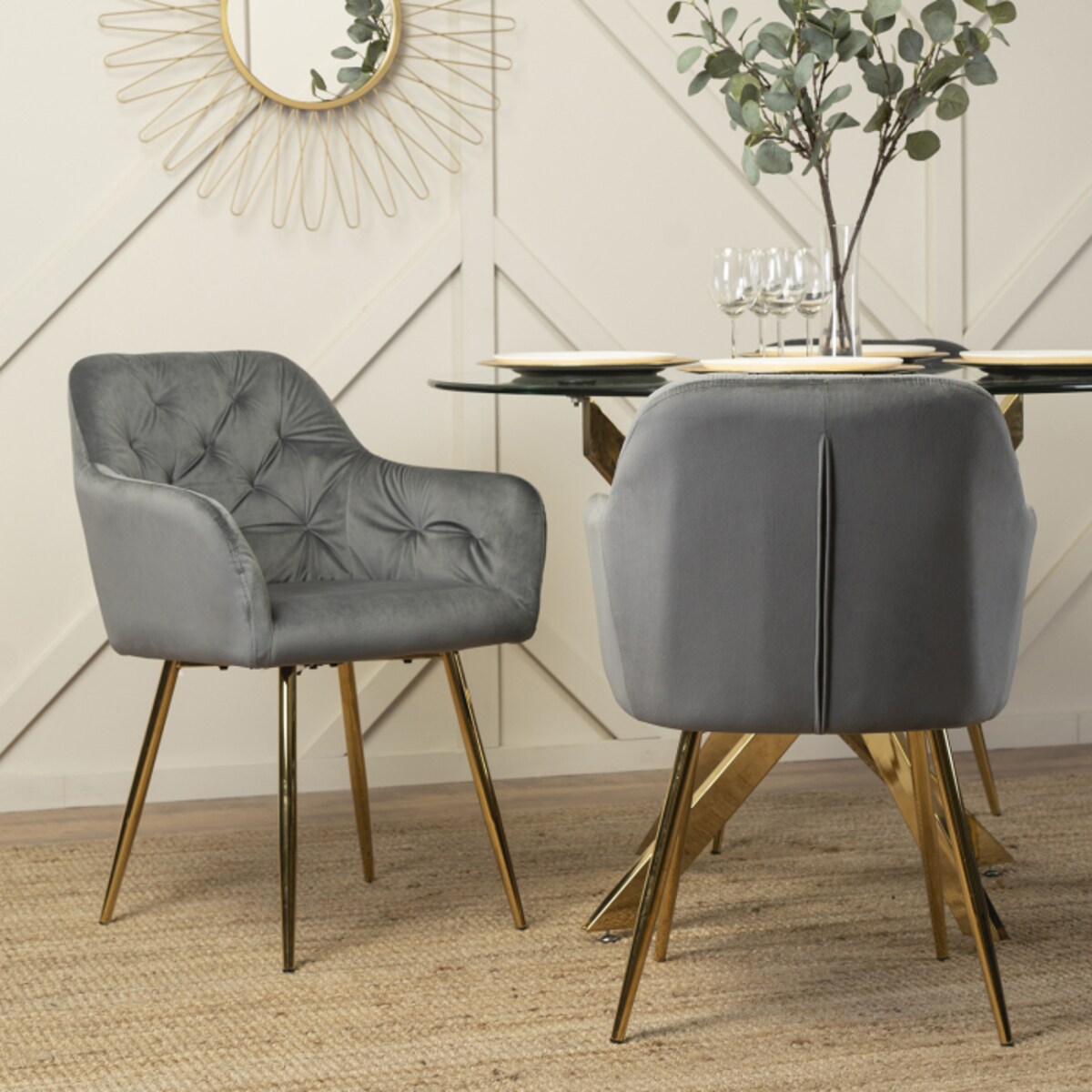 Krzesło Glamour Welurowe Jadalnia Złote Nogi Salon Do Toaletki Szare RAYA