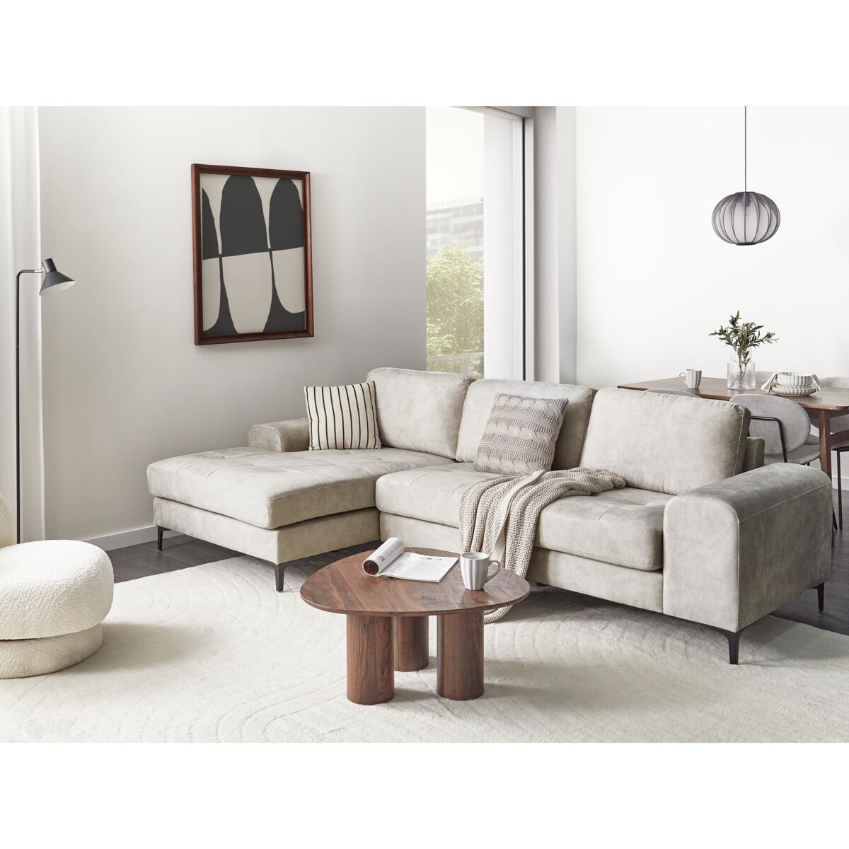 Sofa narożna prawostronna KIRUNA Welur Jasnobeżowy Prawostronny