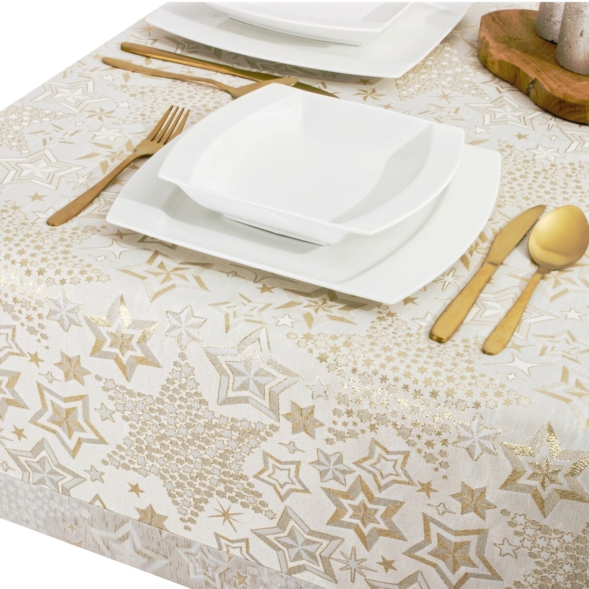 Obrus kremowo złoty Gwiazdki - 120x120 cm - złoty