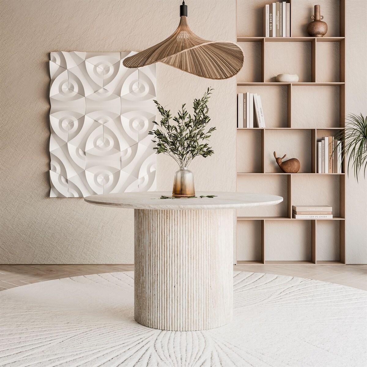 Okrągły stół do jadalni OVI z ryflowaną podstawą, piaskoweic