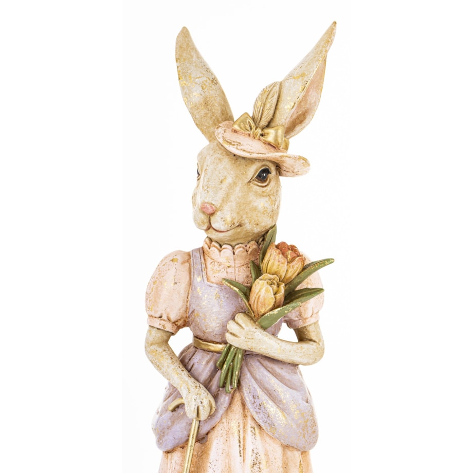 Dekoracja - pani królik w eleganckim stroju z parasolką i tulipanami 29x15x13 cm