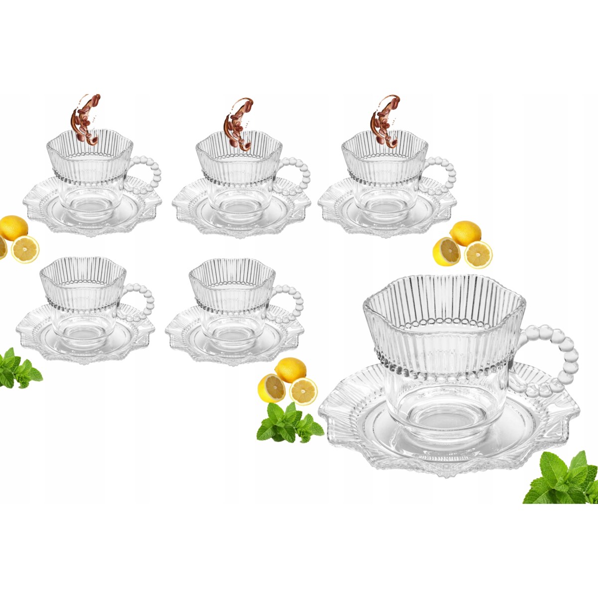KOMPLET Filiżanka do kawy herbaty ze spodkiem szklana 6x 200 ml WZOREK