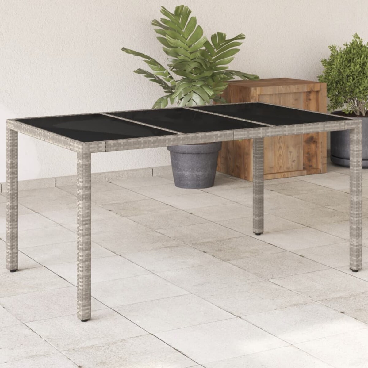 vidaXL Stół ogrodowy ze szklanym blatem, szary 150x90x75 cm, rattan PE