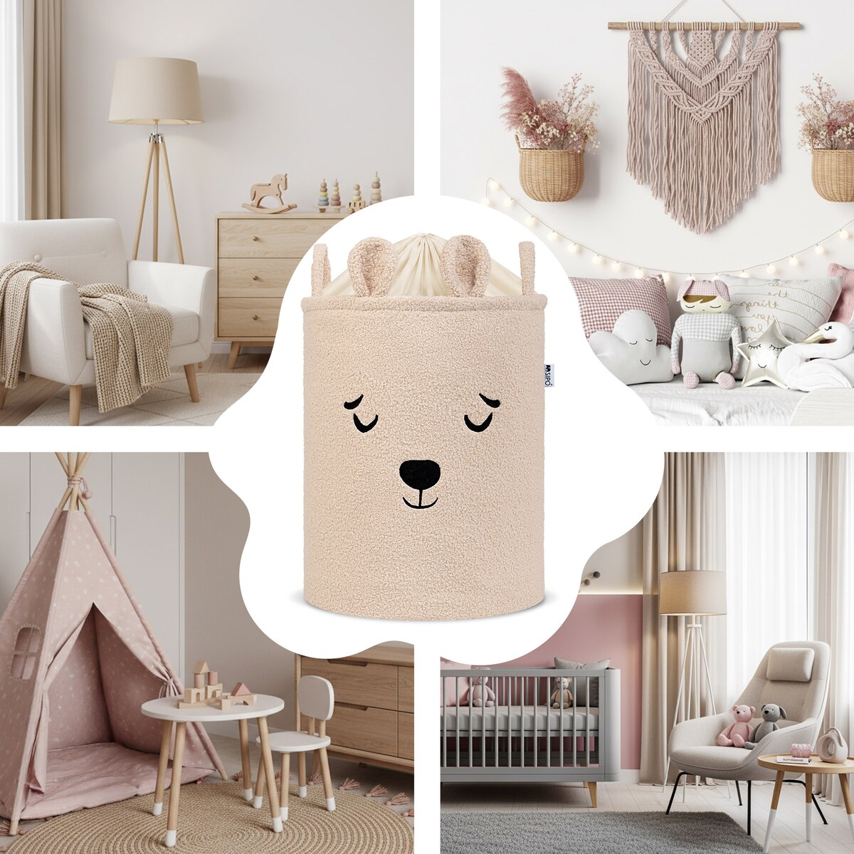 kosz na zabawki sipo, wersja premium boucle, zamykany na ściągacz, beżowy miś, xl
