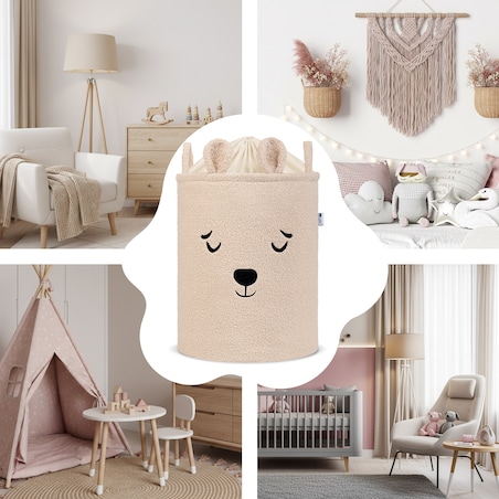 kosz na zabawki sipo, wersja premium boucle, zamykany na ściągacz, beżowy miś, xl