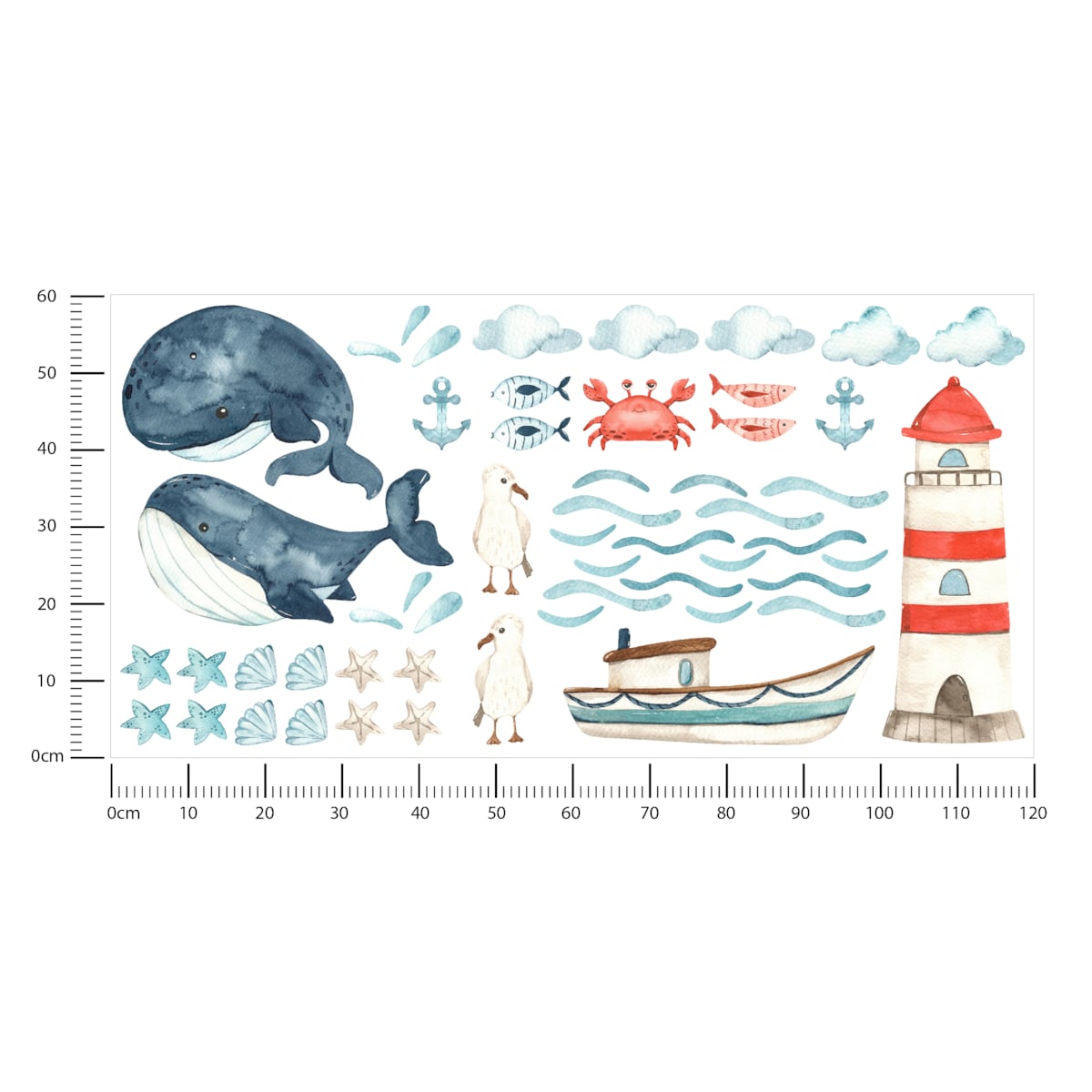 Naklejki Dla Dzieci Wieloryby MORZE Chmurki Ryby Mewy Muszelki ZESTAW 120x60cm