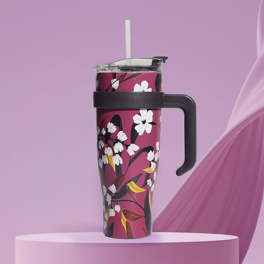 KUBEK TERMICZNY z uchwytem i słomką Fleur 1,2L różowy