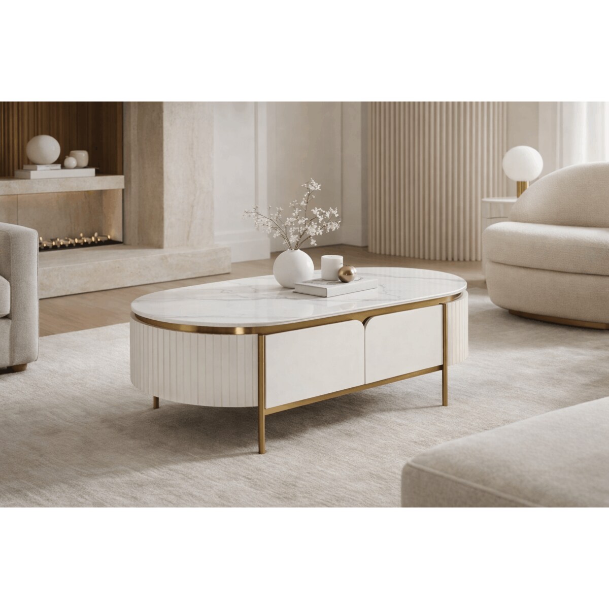 Owalny stolik kawowy glamour ecru Bueno ryflowany 122x70x45