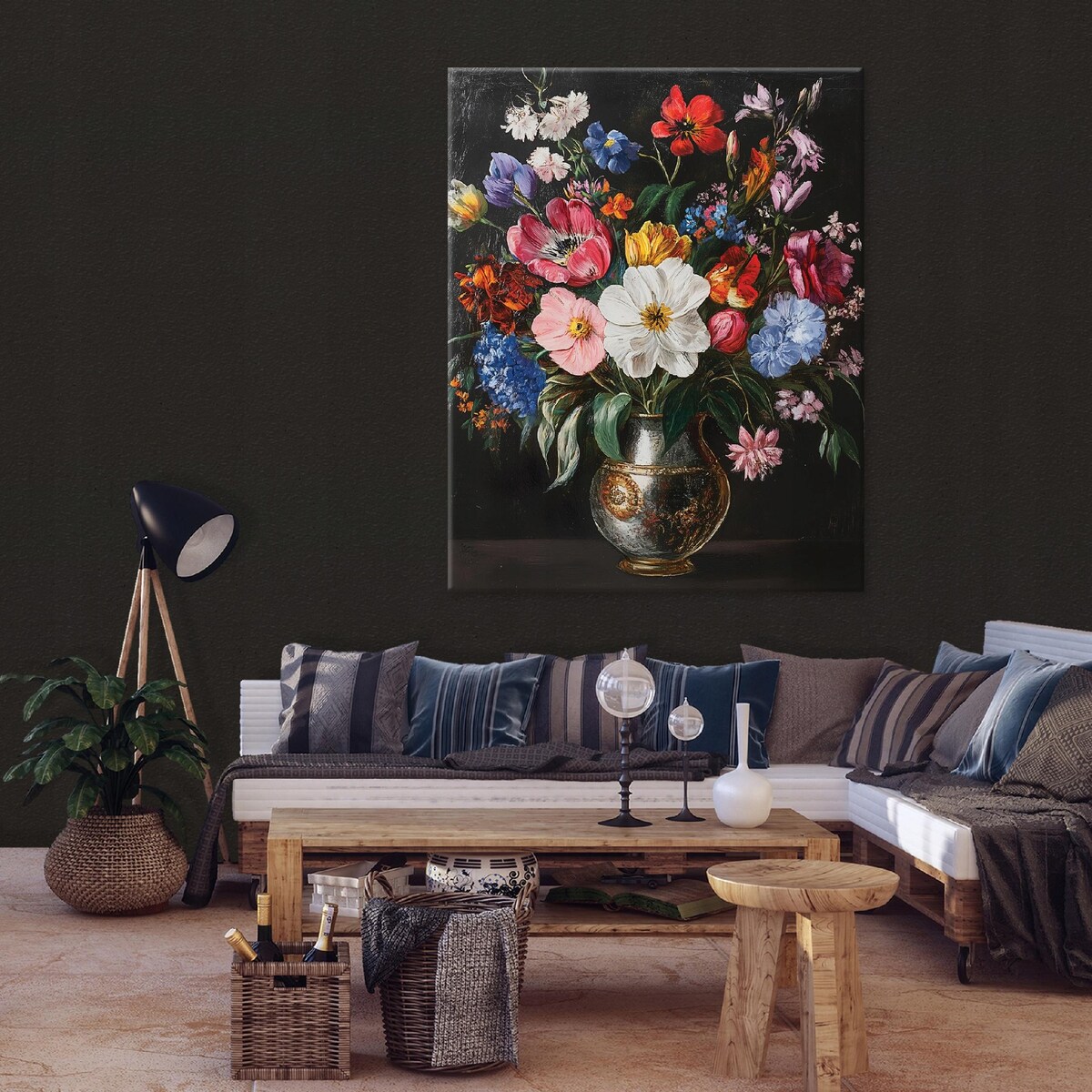 OBRAZ DO SALONU SYPIALNI KWIATY CZARNY NOWOCZESNY NA PŁÓTNIE ŚCIANĘ 120x80