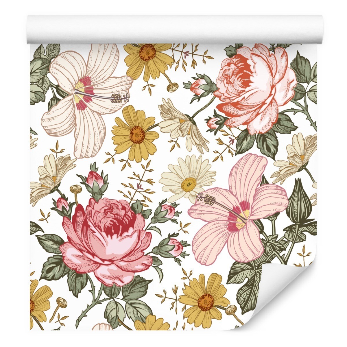 Tapeta KWIATY Róże Hibiskus Rumianek