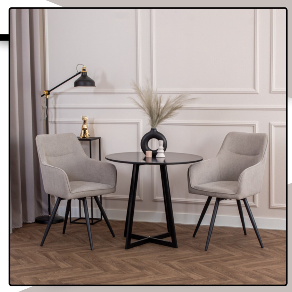 Krzesło obrotowe szare 360 stopni z czarnymi nogami sztruks