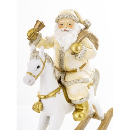 Święty Mikołaj na białym koniu na biegunach 22x20x8 cm z dzwonkiem i workiem