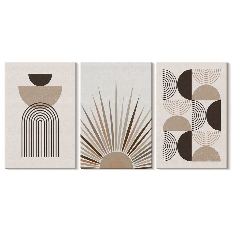 Zestaw 3 dużych obrazów na płótnie - Abstrakcyjne kształty beż brąz - beżowy