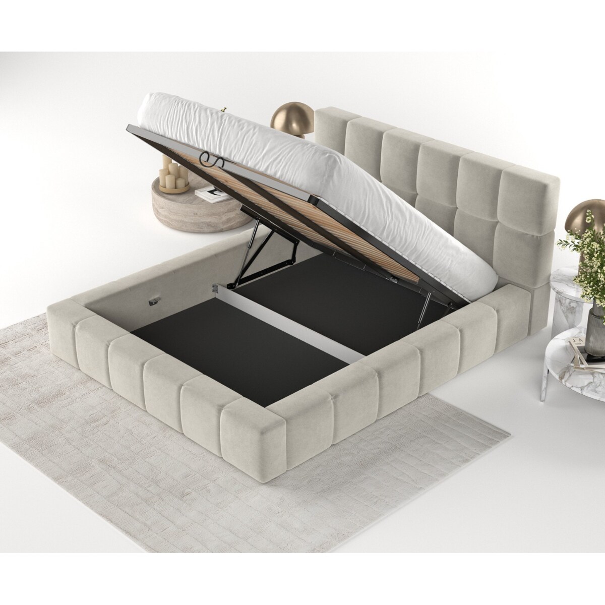 Łóżko tapicerowane PAROS 180x200 z pojemnikiem, Jasny Beż, tkanina Terra NW 06