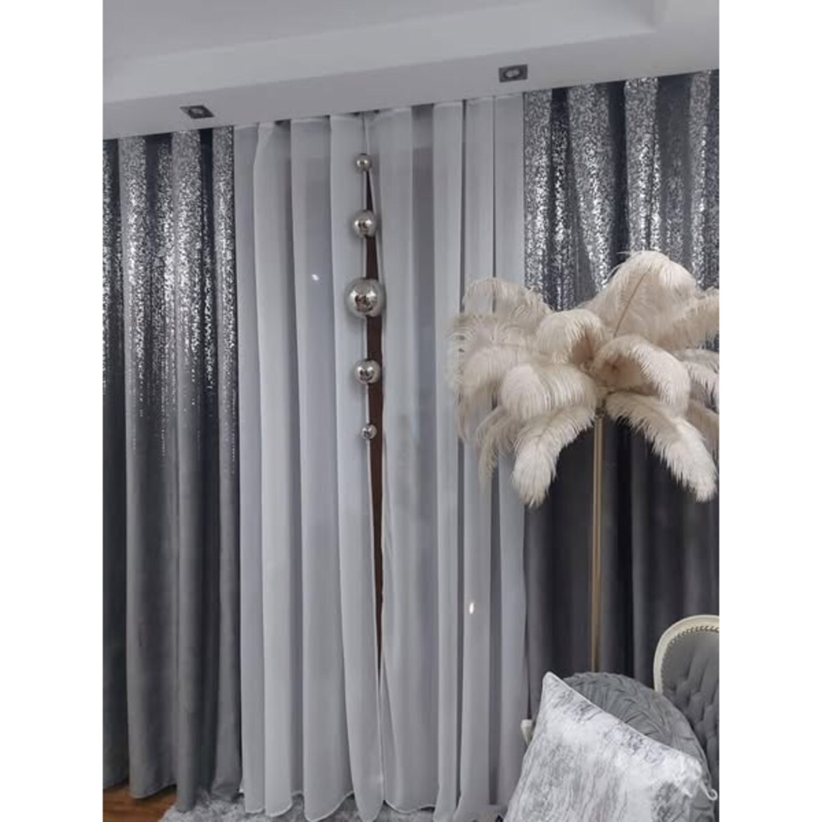 zasłona welurowa "srebrny deszcz" 140x270 na taśmie marszczącej. stalowy