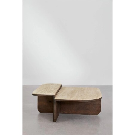 Stolik kawowy 90x90 cm z naturalnego trawertynu i drewna mango Clotsh