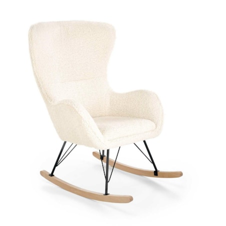 FOTEL NA BIEGUNACH Ebra kremowy tkanina bouclé DREWNO I STAL