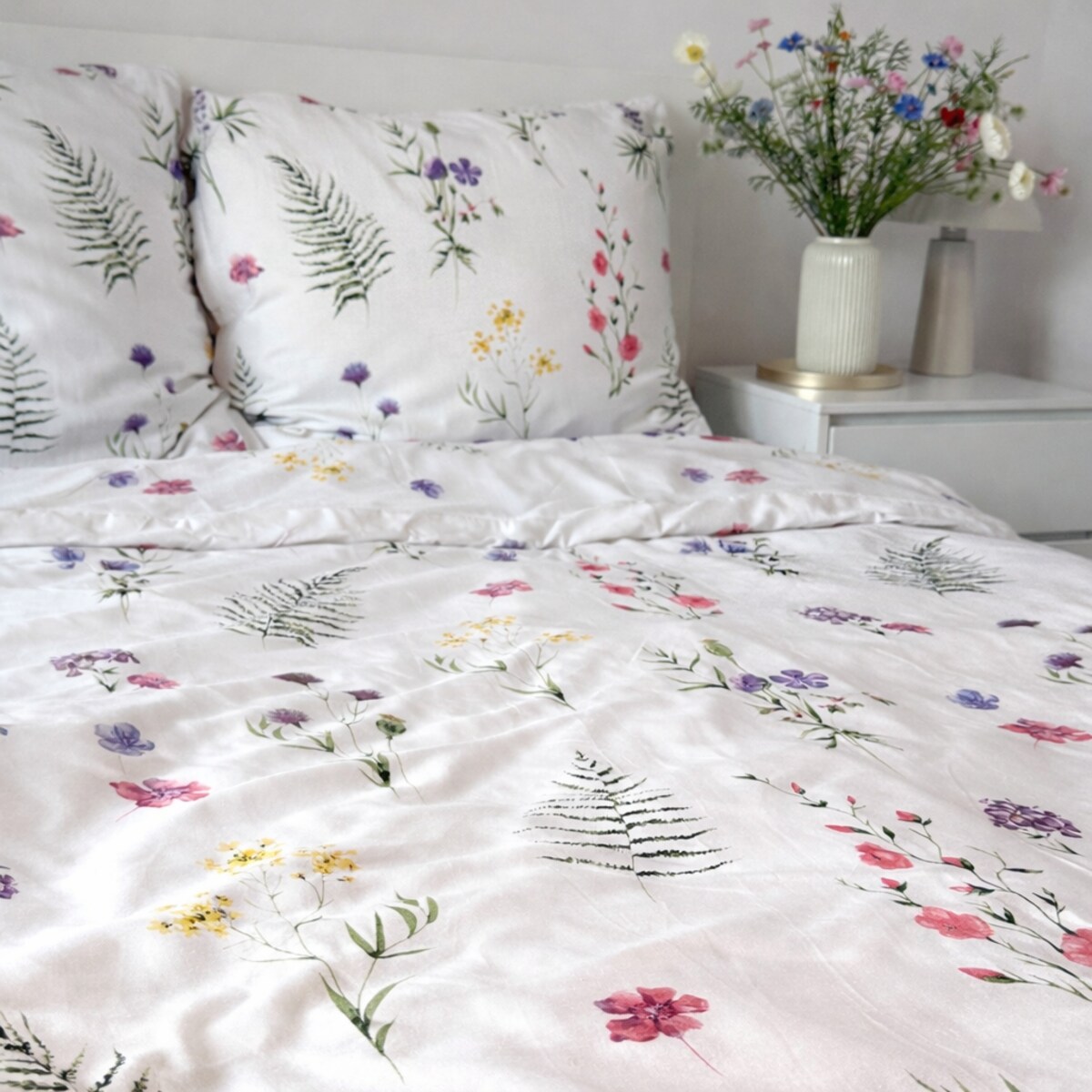 Pościel bawełniana 160x200 cm Kwiaty Polne Biała łąka