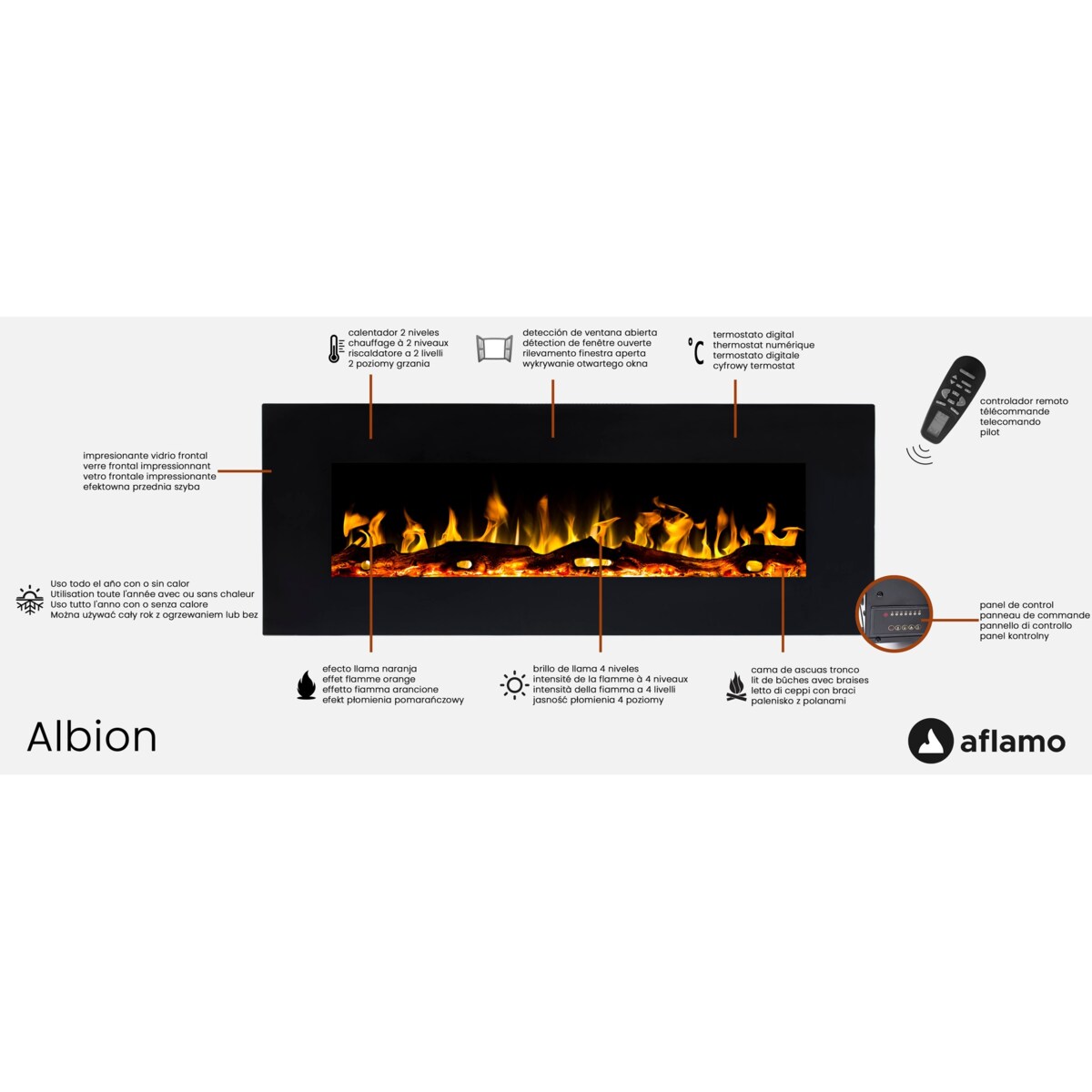 Kominek elektryczny AFLAMO Albion 42 - murale - 110x49x14 cm - kominek LED z funkcją grzania 750/1500 W