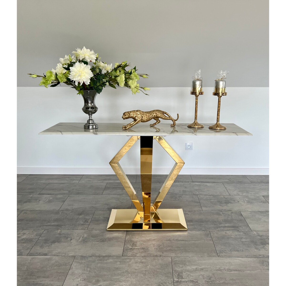 nowoczesna konsola złota nowojorska Diament z kamiennym blatem marmurowym 150x45x75 Premium glamour / w połysku