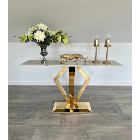nowoczesna konsola złota nowojorska Diament z kamiennym blatem marmurowym 150x45x75 Premium glamour / w połysku