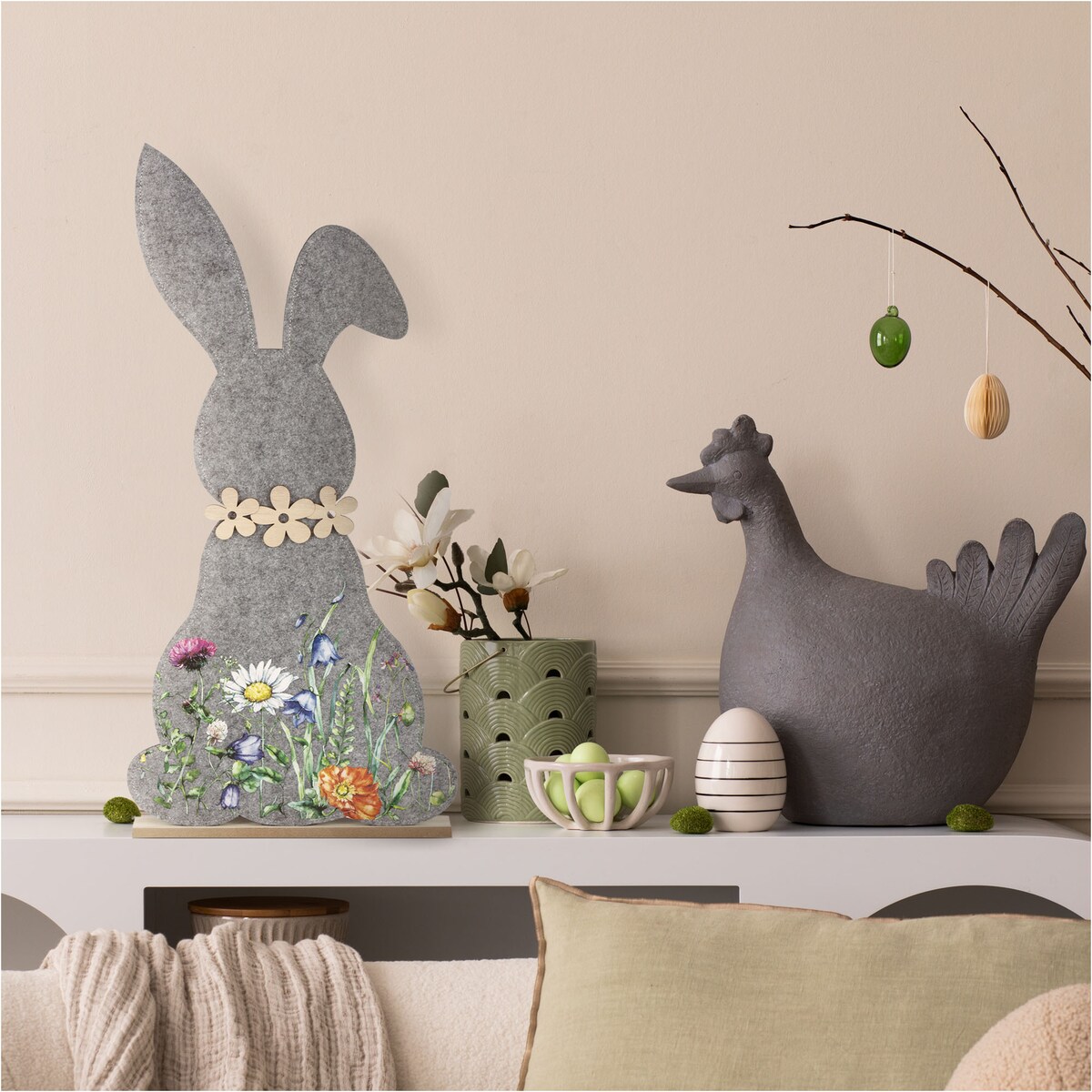 Królik Zajączek Wielkanocny Dekoracja Stojąca Ozdoba Drewniana Podstawka Ciemnoszary