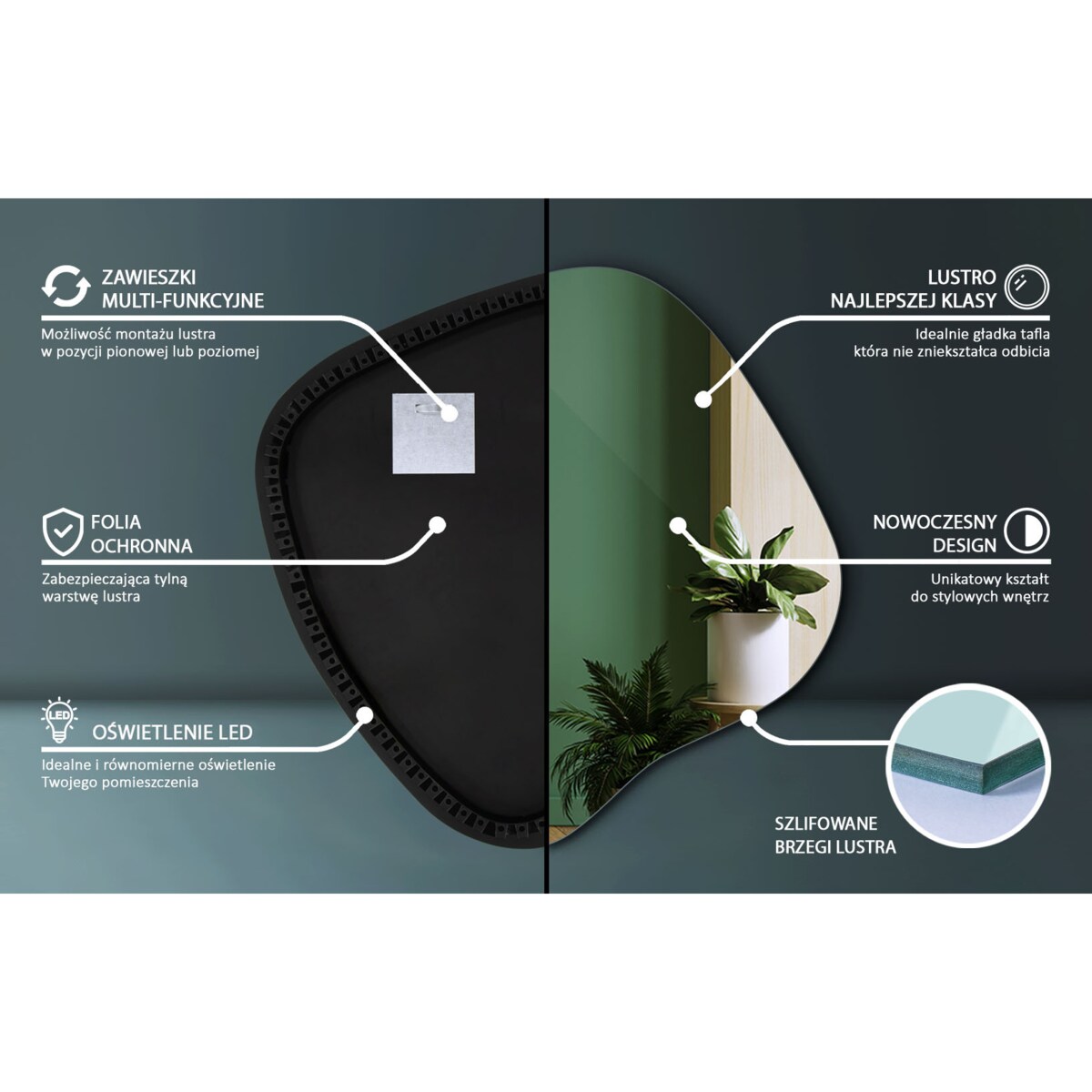 Lustro o Nieregularnym Kształcie LED - 67,6x67 cm - Neutralne Światło