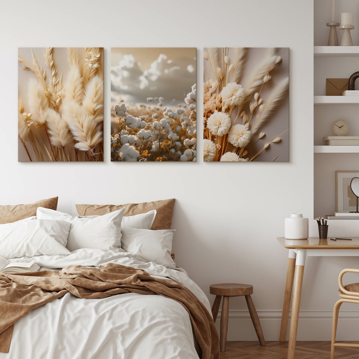 3x Obraz Na Płótnie Set Kwiaty Bawełna Trawy Natura Styl Boho Rośliny 30x40cm