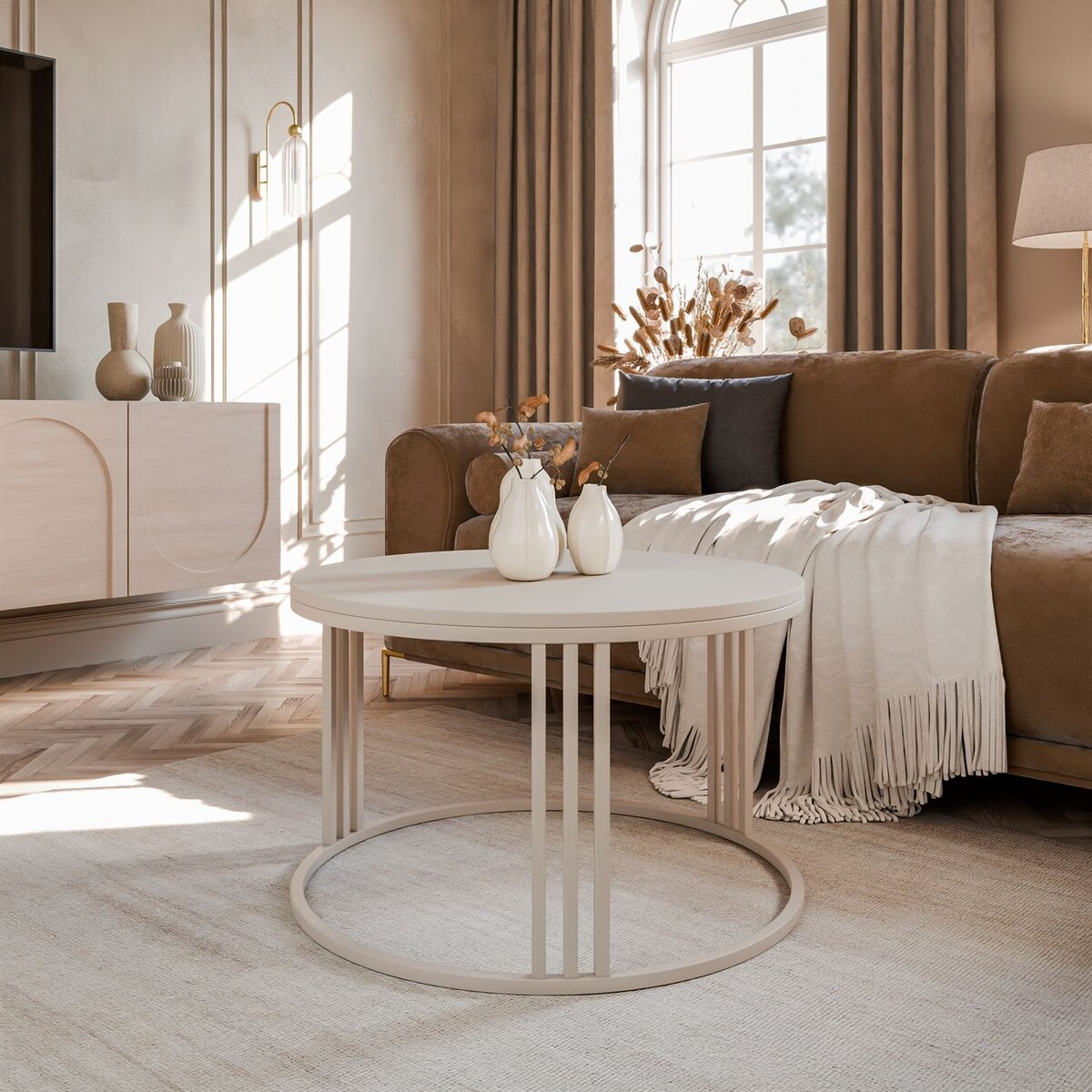 Okrągły stolik kawowy LORI MAT, kaszmirowy stelaż, blat kaszmir mat