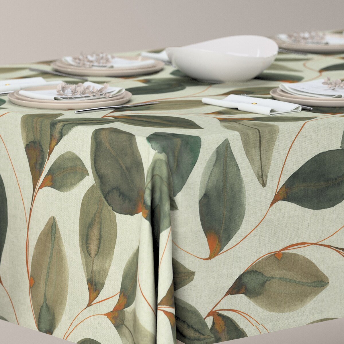 Obrus prostokątny 130 x 160 cm brązowo-pomarańczowe liście na szarym lnianym tle