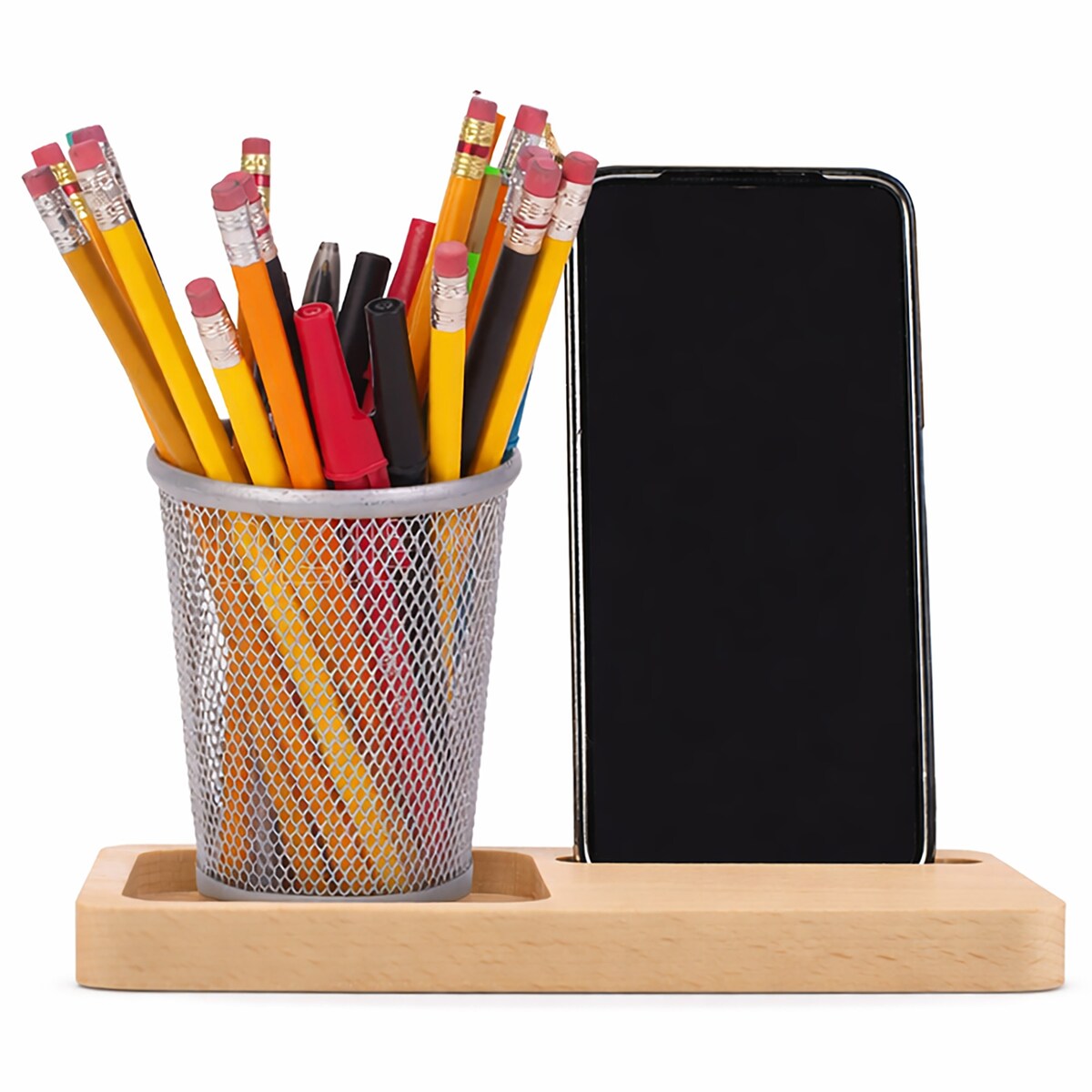 Stojak Na Telefon Organizer Drewniany Na Biurko 2W1 Naturalne Drewno