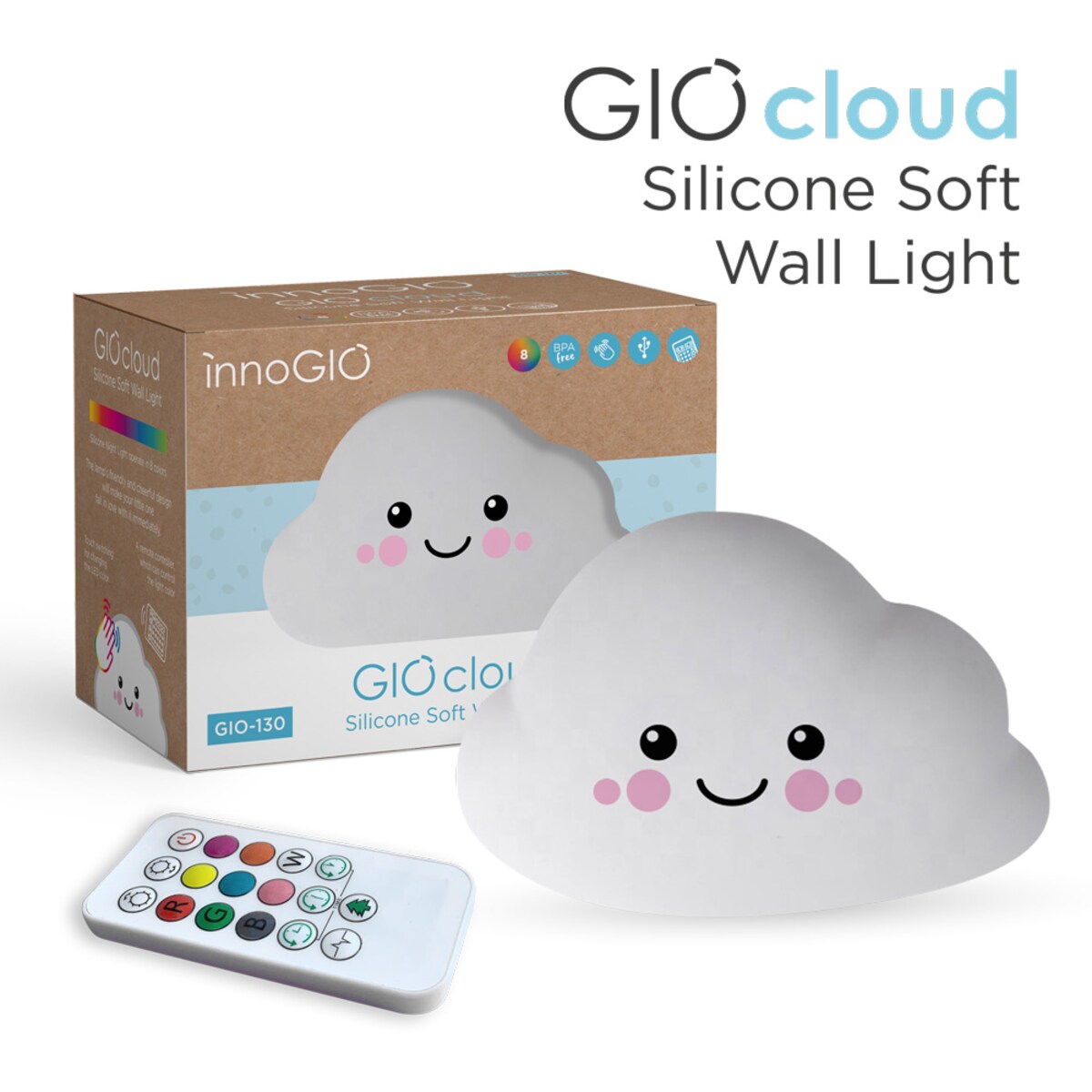 Innogio GIOcloud silikonowa lampka nocna dla dzieci chmurka LED 8 kolorów ładowana z pilotem