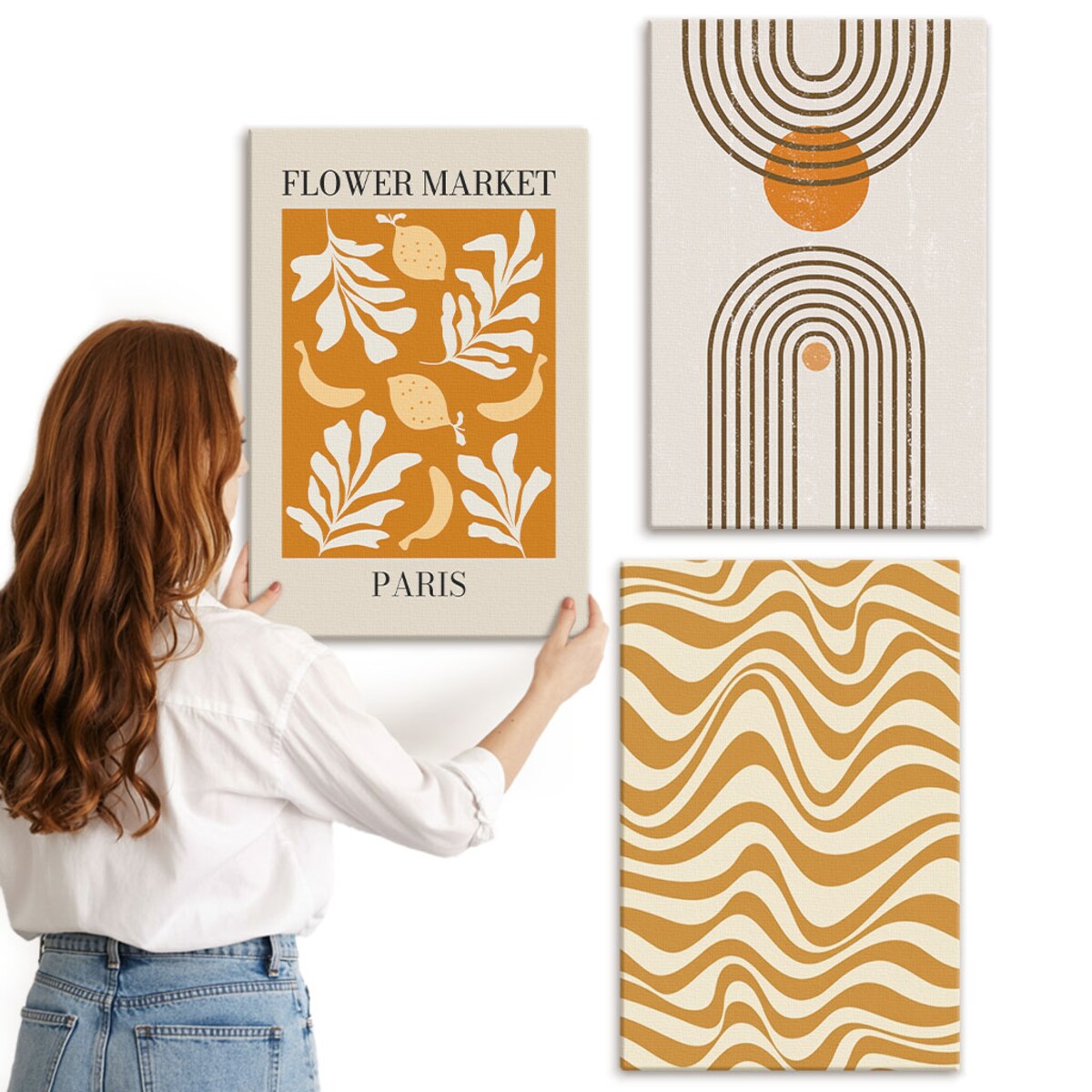 Zestaw 3 dużych obrazów na płótnie - Wzory roślinne geometryczne postery - pomarańczowy