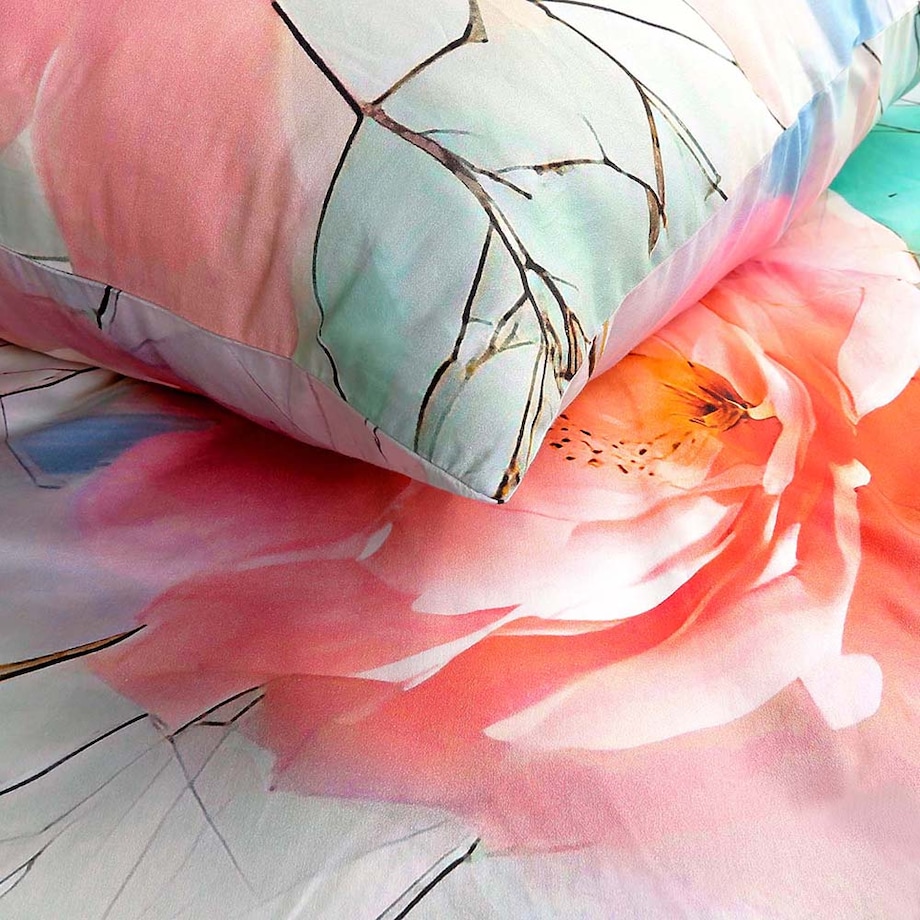 Pościel satyna bawełniana 160x200 Roselle szara i zielona w różowe kwiaty, Satynlove Premium