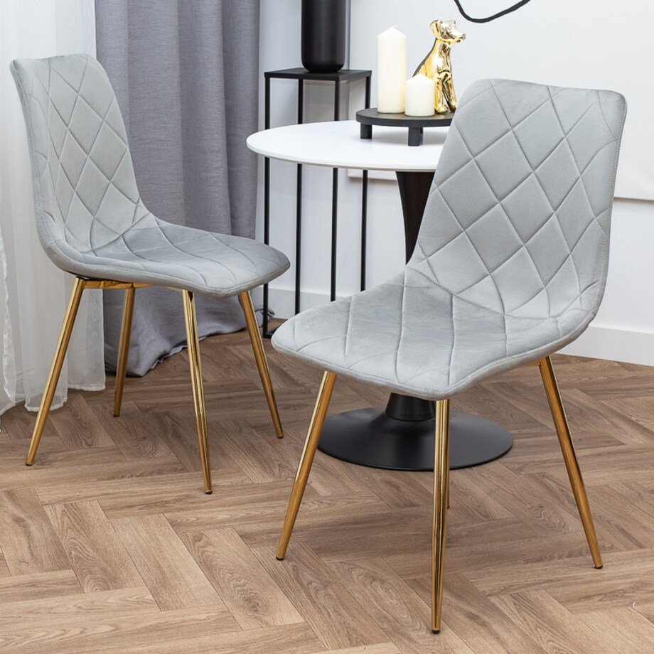 Krzesło tapicerowane szare welurowe pikowane nowoczesne złote nogi