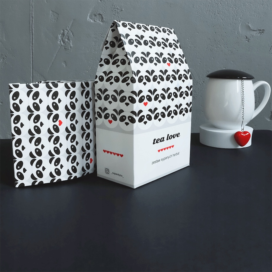 Zestaw prezentowy upominkowy "PANDA LOVE" - 10 smaków herbat sypanych + zaparzacz - prezent upominek na walentynki dla chłopaka dziewczyny niej niego żony męża kobiety faceta mężczyzny narzeczonej