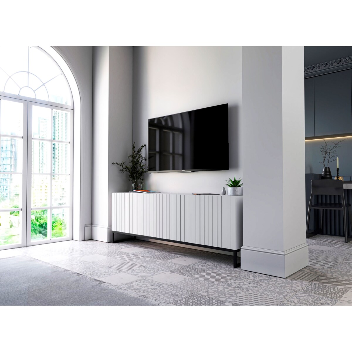 Szafka RTV Loft Biały MAT Komoda RTV Glamour 150 cm Ryflowane fronty Mat